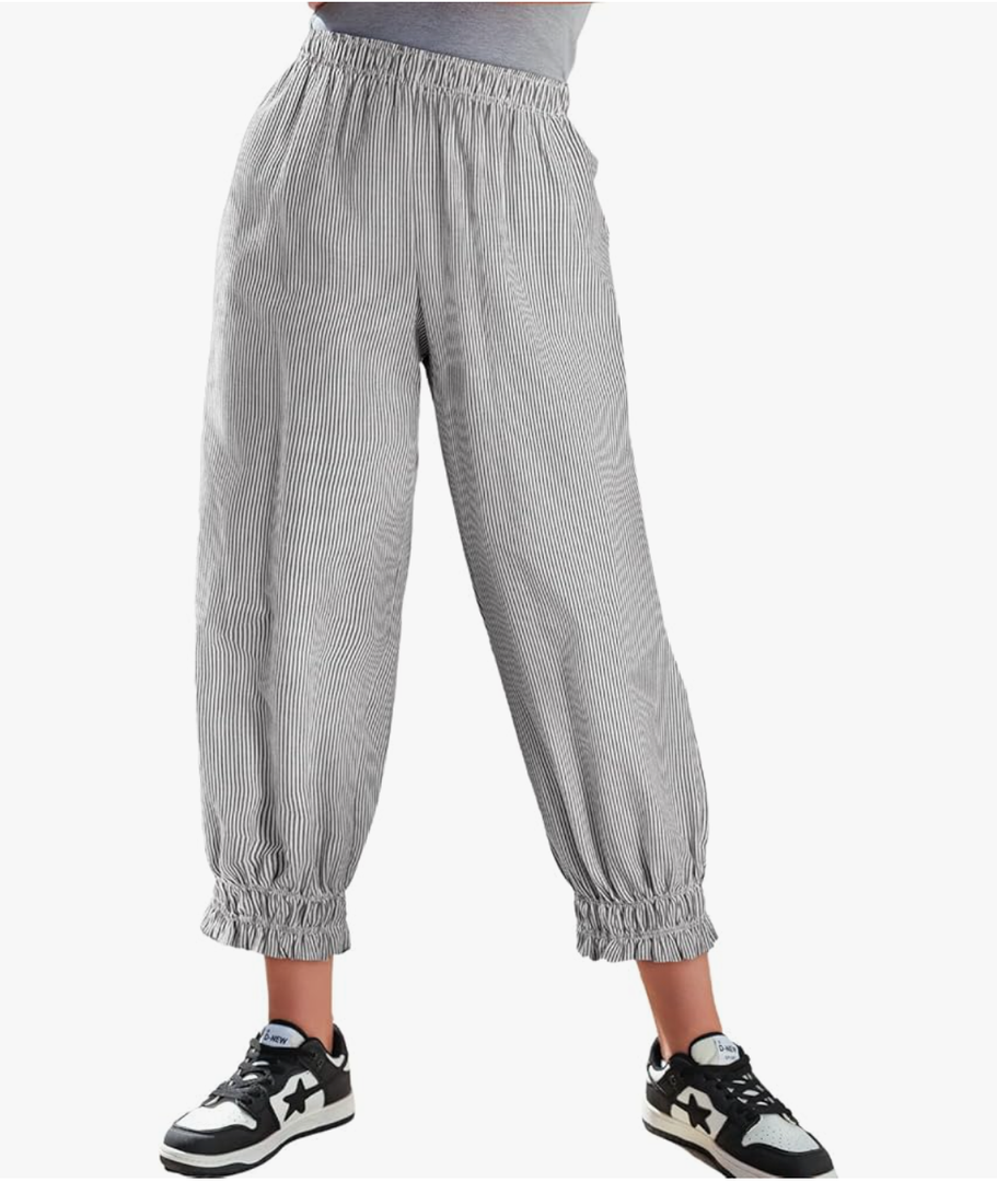 EVALESS Womens Pajama Pants Elastic Waist Lightweight Striped Pjs Lounge Cropped Pants with Pockets, Size M, Black Striped