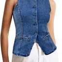 Tankaneo Womens Button Down Denim Vest Tops Sleeveless Fitted Jean Tank Tops Summer Trendy Casual Waistcoat (Medium, Navy)