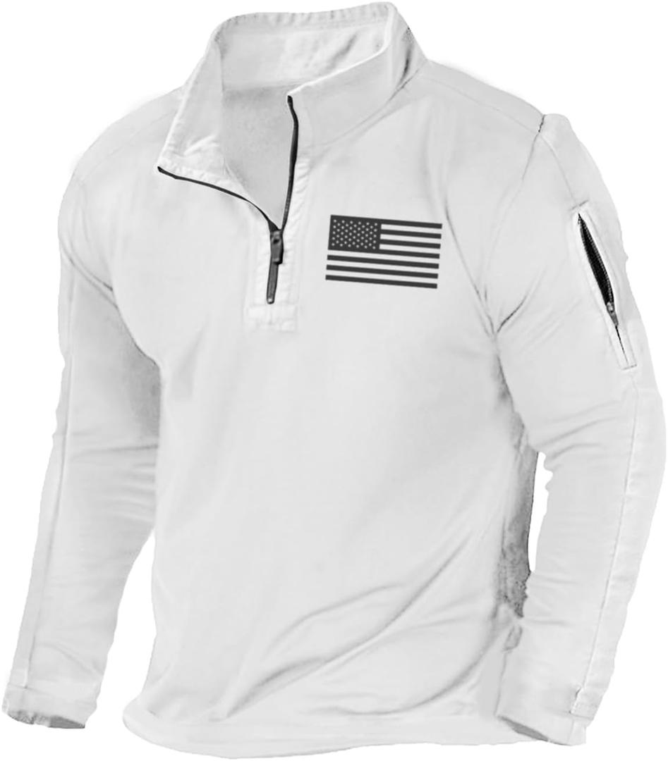 H HYFOL Men's USA Flag Graphic Pocket Pullover American Patriotic 1/4 Zip Stand Collar Long Sleeve Sweatshirts, White, Small