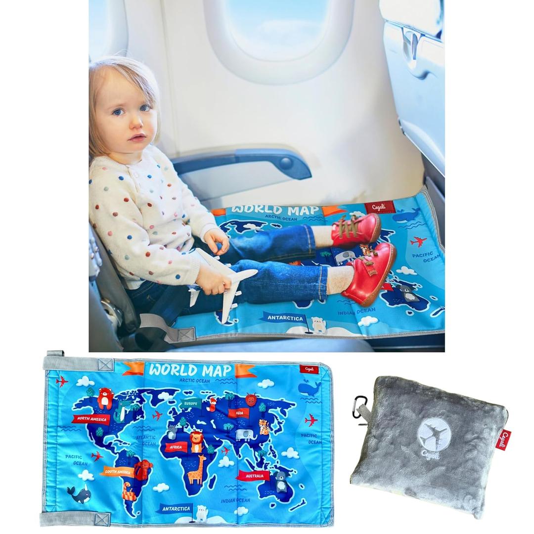 Kids Airplane Seat Extender - Enhance Your Child's In-Flight Comfort. Travel Toddler Bed, Leg Rest, Foot Hammock and Seat Extender, All in One (World Map - Blue)