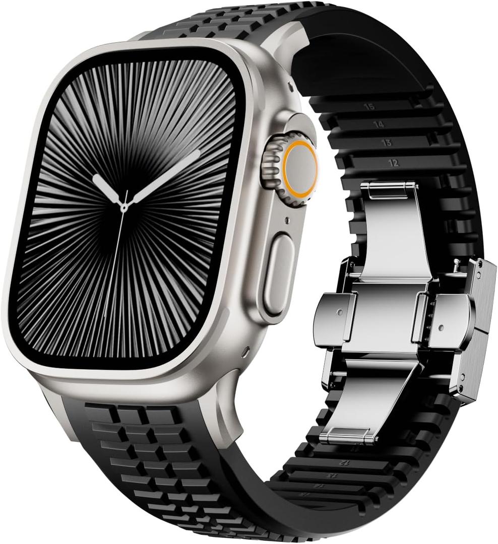 Silicone Band for Apple Watch Ultra 3/2 / Series 11 10 9 8 7 (44mm 45mm 46mm 49mm), Men Luxury Sport Strap with Metal Rugged Folding Clasp, Rugged Heavy Duty Modern Design for Men (Black-Silver Buckle)