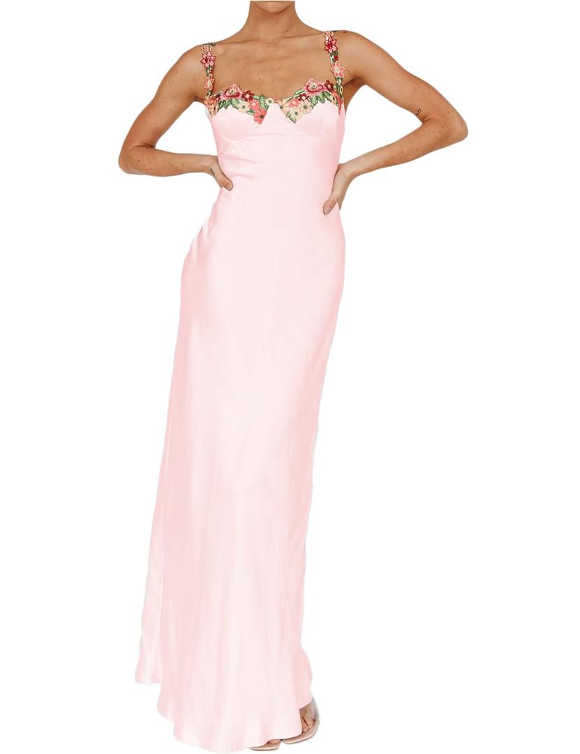 Sexy Satin Spaghetti Strap Floral Embroidered Maxi Dress for Women Sweetheart Neckline Backless Sleeveless Slit Midi Dress Small