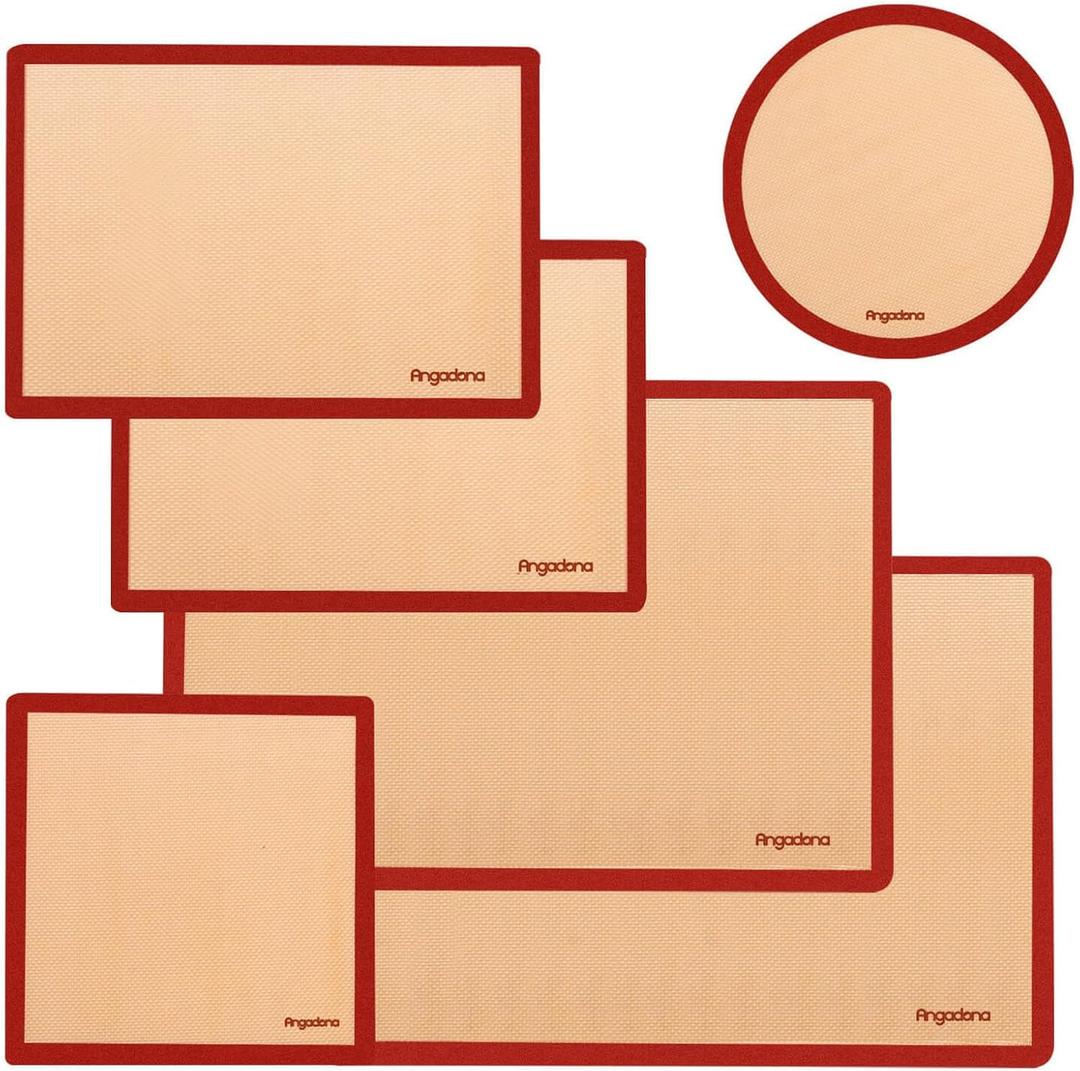 Silicone Baking Mats Set of 6, Food Grade Non-stick Reusable Baking Mat, Silicone Baking Slip Mat Oven Liner Sheet, Round & Square Cake Pan Mat, Pastry Board Rolling Dough Mats for Macaron Cookie (Brown)