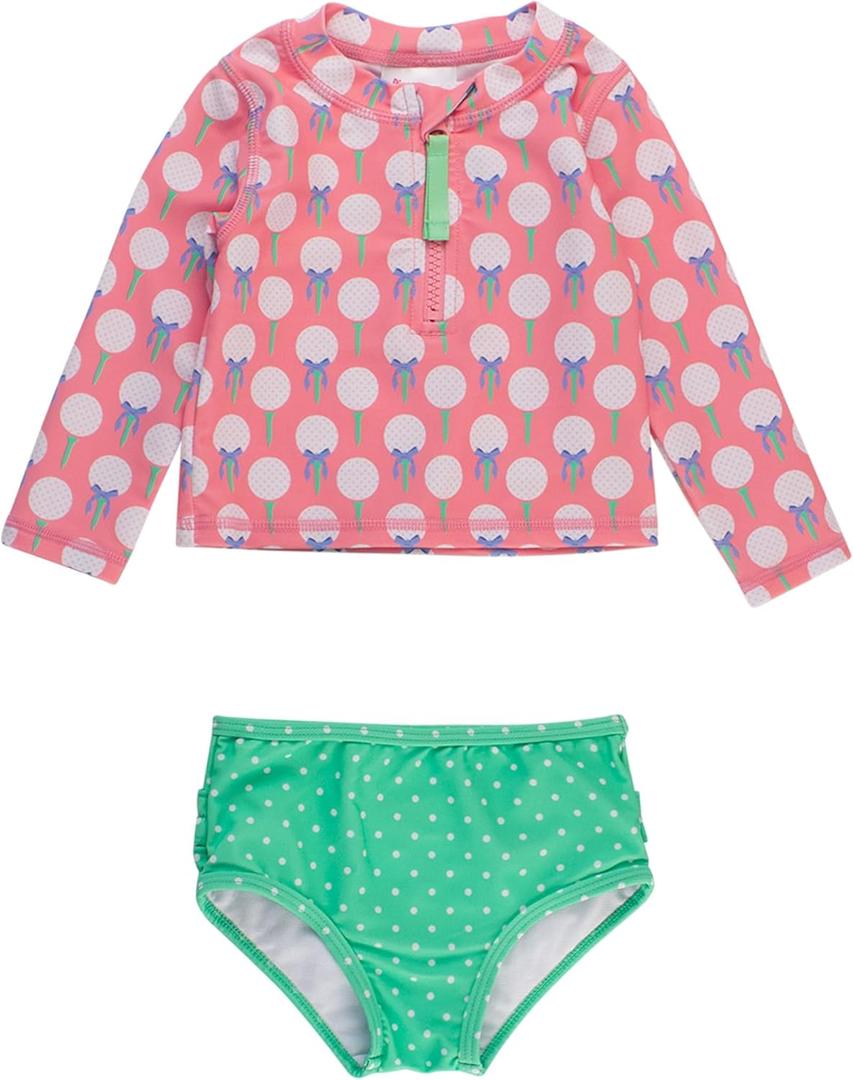 RuffleButts Baby/Toddler Girls Long Sleeve Rash Guard 2 Piece Swimsuit Set w/UPF 50+ Sun Protection with Zipper (3-6 Months, Pink Tee Time) RuffleButts Baby/Toddler Girls Long Sleeve Rash Guard 2 Piece Swimsuit Set w/UPF 50+ Sun Protection with Zipper (3-6 Months, Pink Tee Time)
