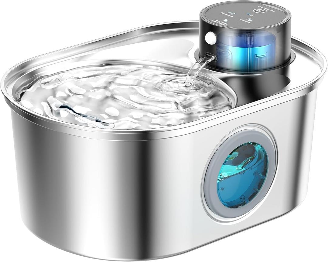 Wireless Cat Water Fountain: Battery Operated Stainless Steel Pet Fountain, Automatic Cordless Water Dispenser Indoor, Metal Faucet Bottle for Drinking, Rechargeable Dog Water Bowl with 1 Filter