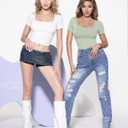 MANGOPOP Women's Square Neck Top Double Lined Short Sleeve Long Sleeve T Shirt Fitted Seamless Tee (Green, XXL)