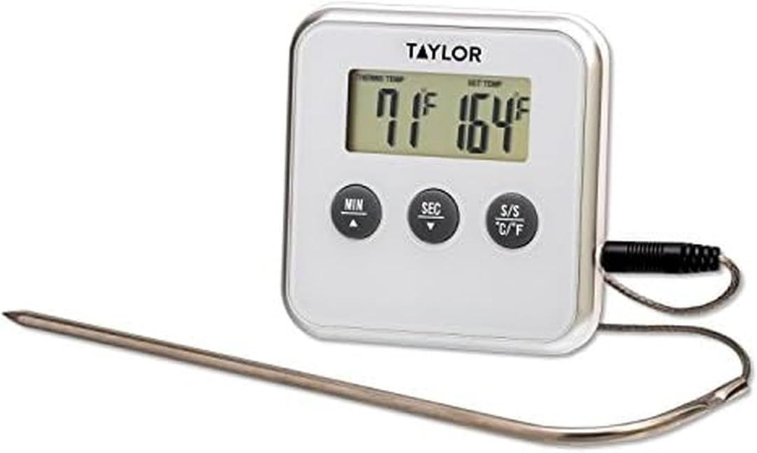 Taylor Programmable Instant Read Wired Probe Digital Meat Food Grill BBQ Cooking Kitchen Thermometer with Alarm, White