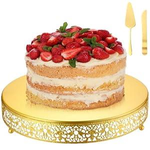 Wenqik 14 Inch Gold Cake Stand Set Metal Round Cupcake Dessert Stand with Cake Cutting, Spatula Wedding Cupcake Pastry Display Candy Holder Display for Wedding Party Birthday Baby Shower(Classic)