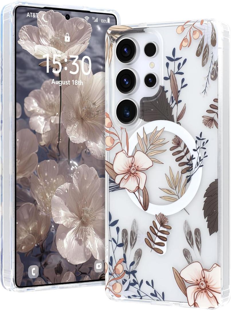 AIGOMARA Magnetic for Samsung Galaxy S25 Ultra Case [Compatible with MagSafe] Clear Floral Flower Pattern Design, Slim Anti-Yellowing Shockproof Phone Cover for Women Girls, Brown