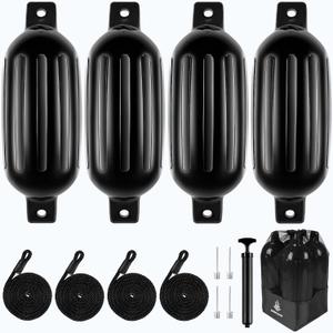Dreizack Boat Fenders 4 Pack, Boat Bumpers for Docking with 4 Ropes, Inflatable Ribbed Marine Pontoon Boat Fender Bumper for Docks with 1 Storage Bag, 1 Air Pump and 4 Needles