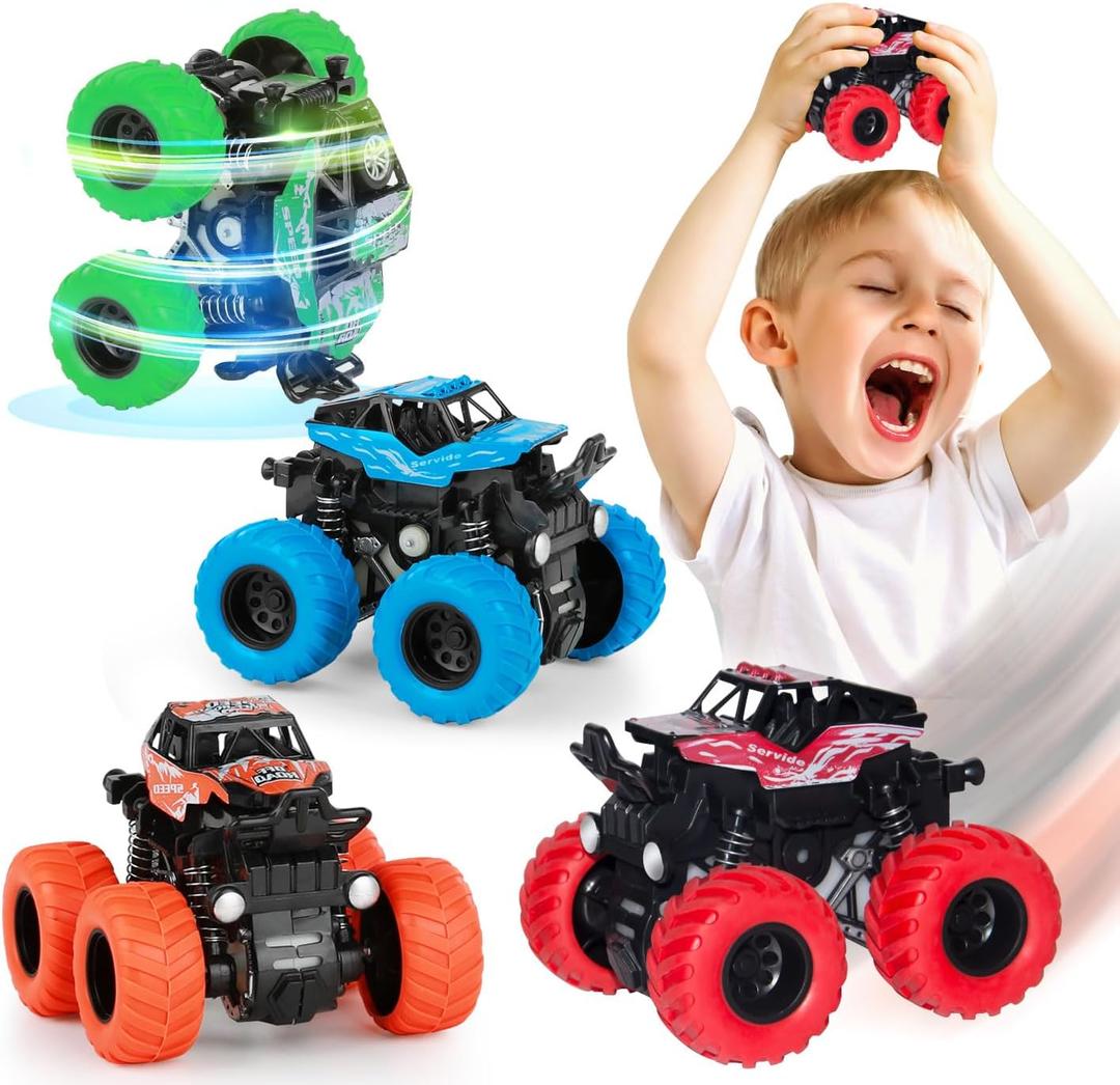 LONANDY Monster Truck Toys for Boys Age 4-7 - Friction Powered Car Toys for Kids Toddlers 3 4 5 6 Years, Push and Go Toy Cars Best Christmas Birthday Party Gift for Boys Girls 4 Pack (Blue Orange Green Red)