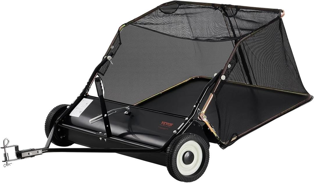 VEVOR 42 Inch Lawn Sweeper Tow Behind, 12 cu.ft. Large Pull Behind Grass Sweeper, Heavy Duty Leaf & Grass Collector with Dumping Rope Design, Adjustable Sweeping Height for Picking Up Debris & Grass