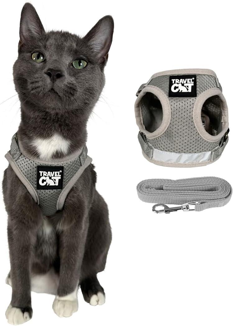 Travel Cat Harness and Leash Set - Adjustable Fit Mesh Cat Harness and Reflective Strap - Comfort Walking Vest for Kitten for Outdoor Walking, Hiking (Medium, Grey)
