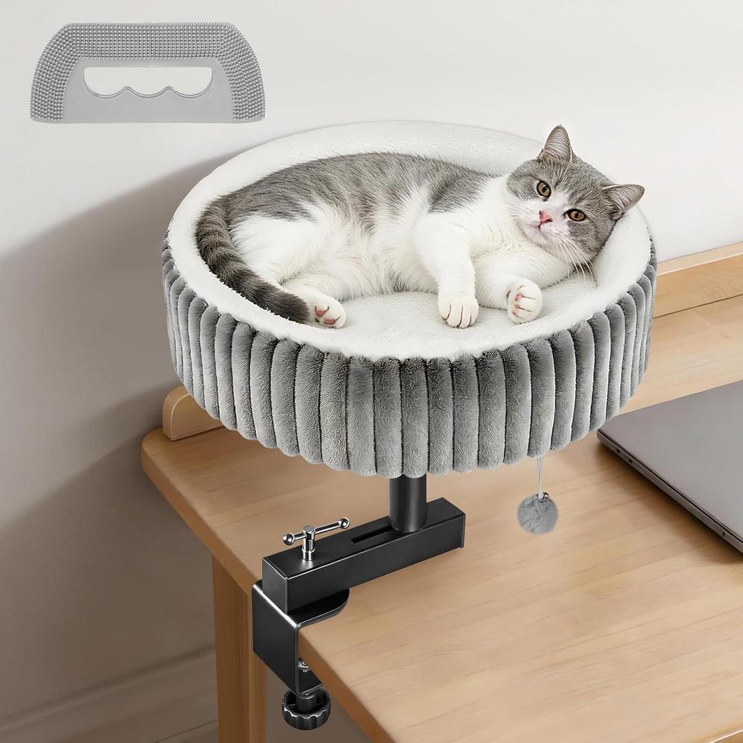 TNELTUEB Cat Desk Bed - 360 Rotating,Clamp On Cat Bed for Desks, Adjustable High Support Up to80 lbs for Office, Game Table, Island Tables, Desktop Attachment Hammock Grey