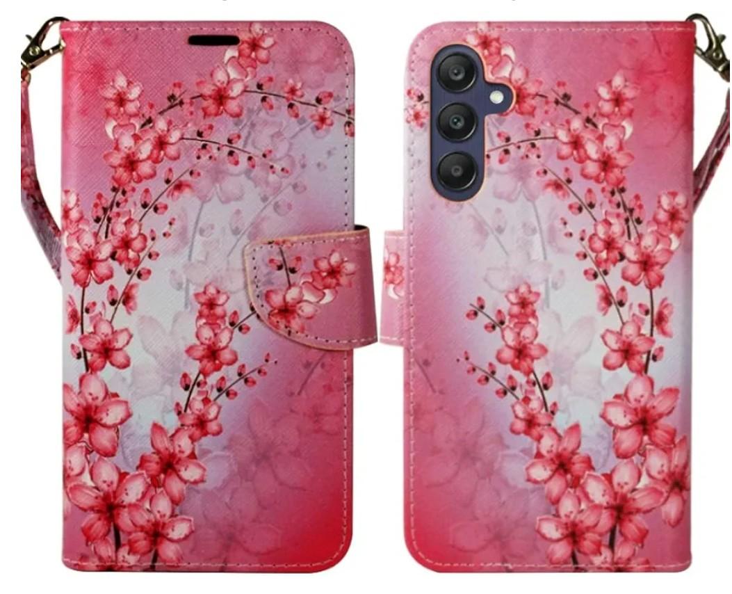 Zase Design for Samsung Galaxy A35 5G Wallet Phone Case Protective Flip Cover Purse Cute Woman Premium PU Leather Folio w/Kickstand ID Card Slot Wrist Strap Magnetic Lock (Pink Cherry Blossom)