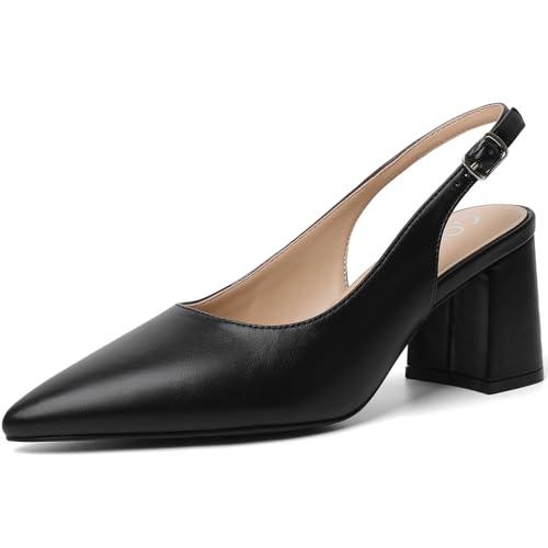 Mostrin Black Block Slingback Heels for Women Pointed Closed Toe Chunky Heels Office Work Shoes Women's Pumps for Business Casual 38.5