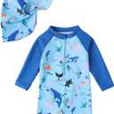 WYTbaby Baby Boy Rash Guard Swimsuit Set with Sun Hat, Long Sleeve One Piece Zipper Sunsuit for Infant Toddler, 100