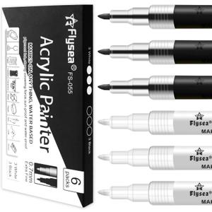 3 x EBOT Acrylic Paint Pen White Black, 6 Pack Black Paint Markers for Rock Wood Fabric Plastic Leather Glass Stone Metal Canvas, Water-Based Acrylic Paint Sets