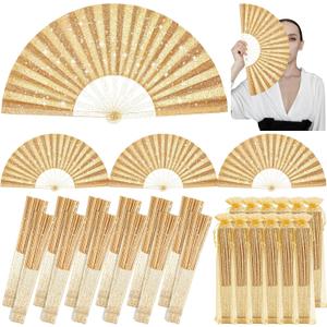 Vercraft 12 Pcs Large Folding Hand Fans for Line Dancing, Fan with Bag Clapping Popping Raves Fans Bulk for Wedding Festival EDM Club Party Decoration (Gold)