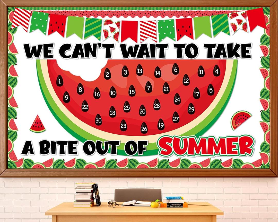 2 x Summer Watermelon Countdown Bulletin Board Set Hello Welcome Summer Classroom Decoration Back to School Bulletin Board Colorful Wall Sticker Peel and Stick Cutouts for Classroom Chalkboard Wall Decor