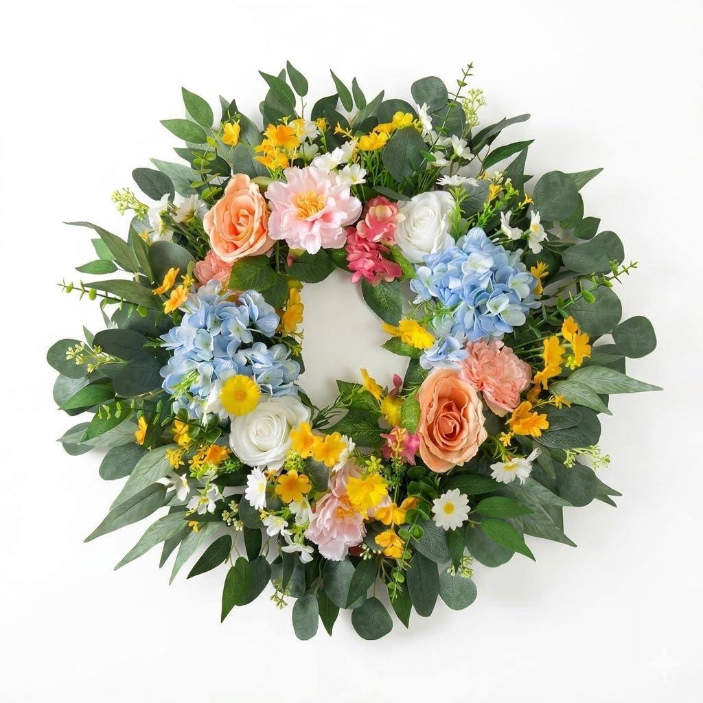 26 Inch Spring Wreath for Front Door Easter Wreath with Hydrangea, Peony & Rose  Wild Flowers Eucalyptus Leaves, Summer Wreath for Home Decor Farmhouse Wall Window Spring Decor Indoor Outdoor Decor