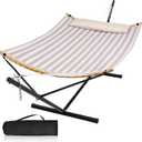 Double Hammock with Stand and Carrying Bag, Light Brown Stripe | Quick Dry Hammock with Curved Spreader Bars and Pillow, 450 Lbs Capacity, For Indoors, Patio, Garden