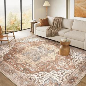 Washable Rug 8x10 Area Rugs: Boho Vintage Distressed Oriental Medallion Neutral Thin Large Rug Carpet for Living Room Bedroom Dining Room Home Office Decor - Brick Red