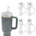 LUOLAO Cute Ghost Straw Covers Cap Compatible with Stanley Cup 30 40 oz, 4PCS Silicone Reusable Drinking Straw Topper, Funny Tumbler Accessories Halloween Decorations Gifts Boo Basket Items Essentials