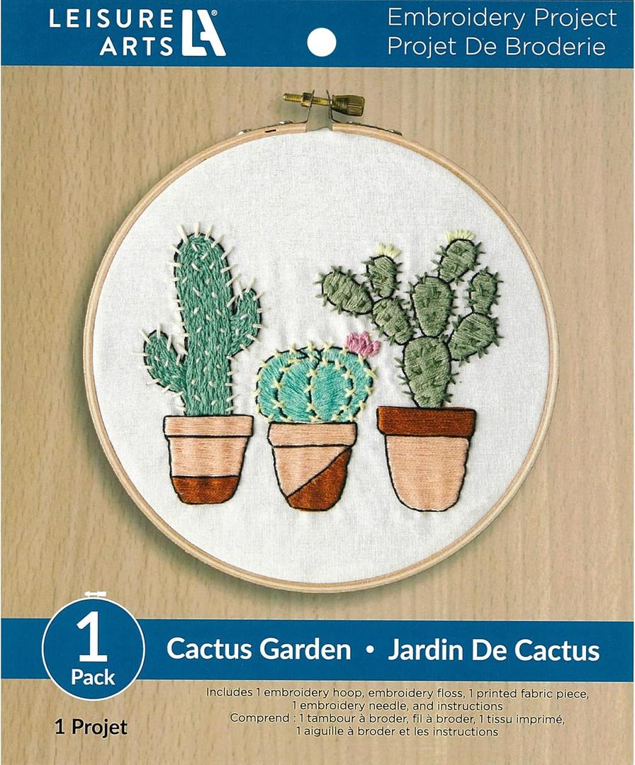 Leisure Arts Embroidery Kit 6" Cactus Garden- cross stitch kits for beginners - embroidery kit for beginners - embroidery kits for adults - embroidery kits for adults