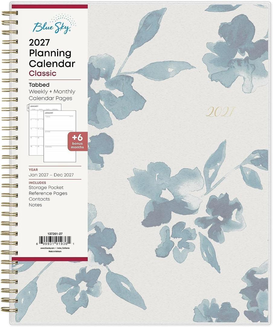 Blue Sky 2027 Weekly and Monthly Planner Calendar, January 2027 - December 2027, 8.5" x 11", Flexible Cover, Laminated Tabs, Durable Twin Wire Binding, Storage Pocket, Bakah Blue