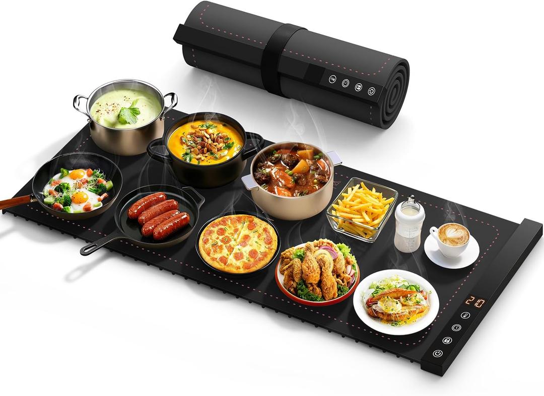 Warming Mat for Food - Full Surface Rapid Heating, Rollable & Portable Food Warmer Mat with 6 Temperature Settings and 1-4 hours adjustable Timer, Silicone Heating Mat (Black, 36x16 inch)
