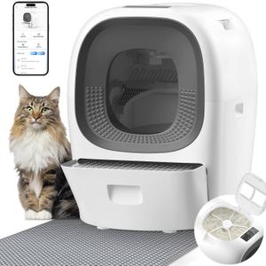 Self-Cleaning Litter Box 80L Auto Refill Self-Refilling Robot Automatic for Multiple Cats(3-20lb), Rake Design ScoopFree, 6 x Safety Sensors, Anti-Leakage, Odor Control, 5G WiFi App (
White and Grey