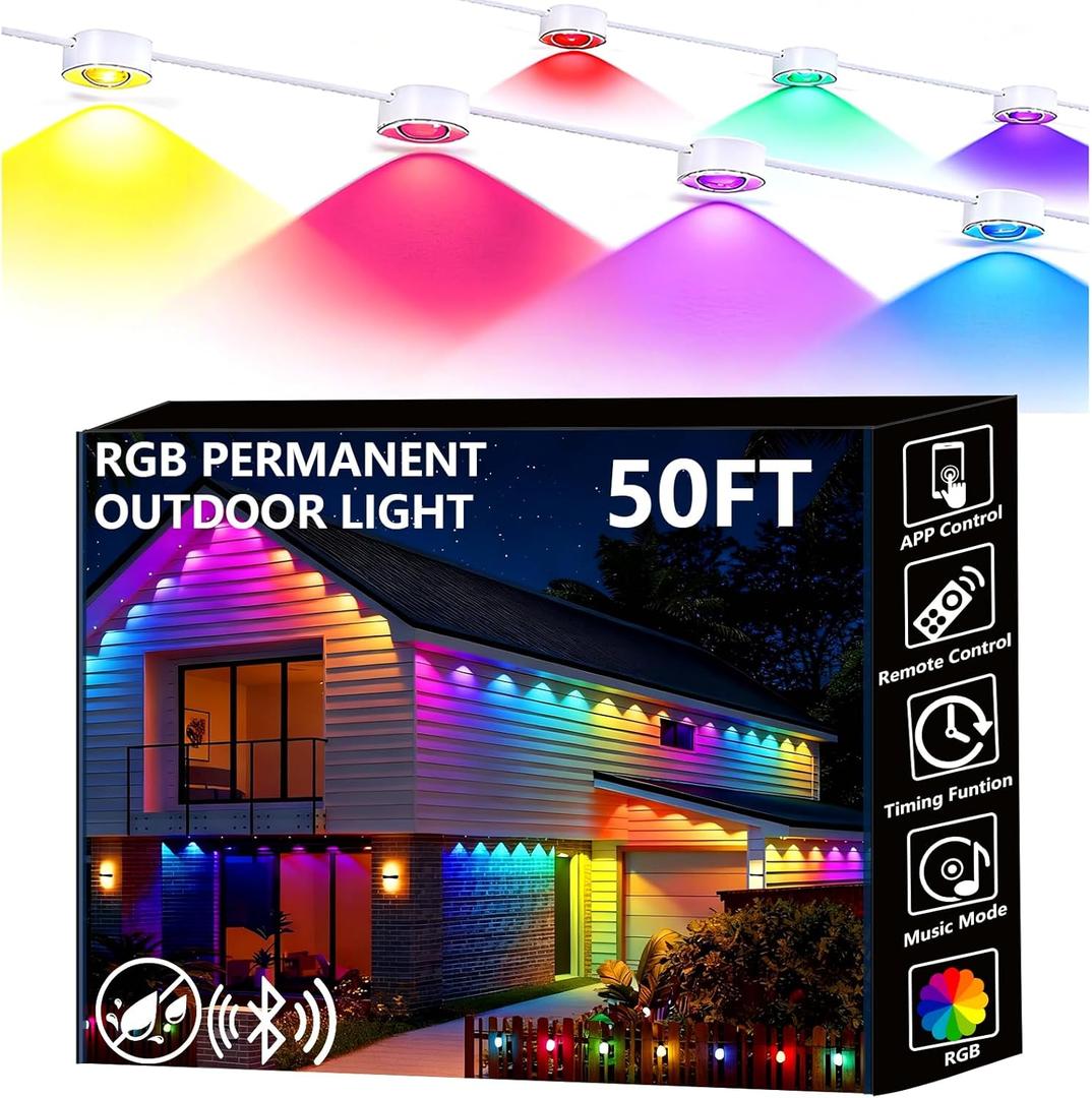 Permanent Outdoor Lights, 50ft Smart Eave Lights with RGB LED Light, IP67 Waterproof, App Control, DIY RGB Light for House Halloween Decorations