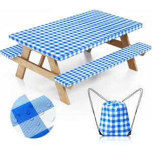 Picnic Table Cover with Bench Covers and Bag, Camping Table Camping Essentials Cover with Elastic Edges (Blue)