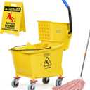 Matthew Cleaning 34 Quart Commercial Mop Bucket INCL.Wet String Mop with Side Press Wringer On Wheels,Heavy Duty Tandem Portable Floor Cleaning Wavebrake,Ideal for Household,Industrial,Restaurant (Yellow)