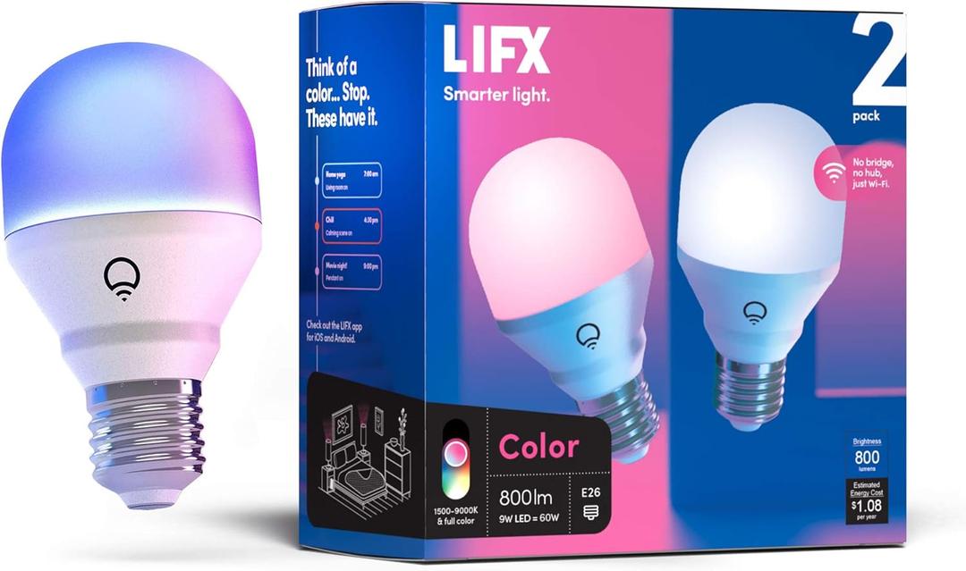 LIFX Color, A19 800 lumens, Wi-Fi Smart LED Light Bulb, Billions of Colors and Whites, No Bridge Required, Compatible with Alexa, Hey Google, HomeKit and Siri (2 Pack)