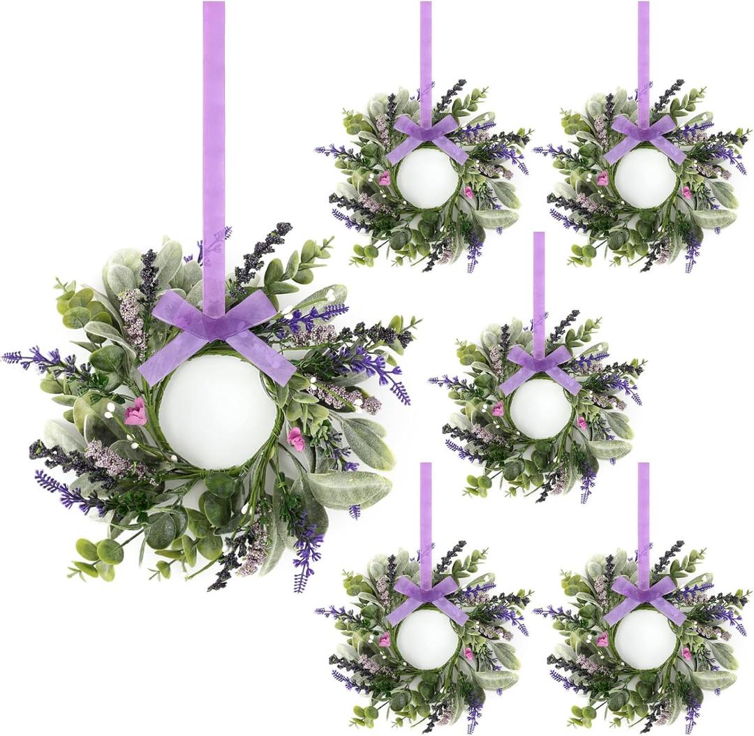 6 Pcs Mini Lavender Hanging Wreaths Purple Daisy Candle Rings Pillar Holder Wreath Wild Flower Spring Summer Floral Wreaths for Farmhouse Porch Front Door Cabinets Window