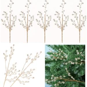 6 Pcs 14.2" Crystal Picks for Christmas Tree Gem Decor Jewel Spray Branches Vase Fillers for Home Christmas Party Decoration DIY Crafts (Gold)