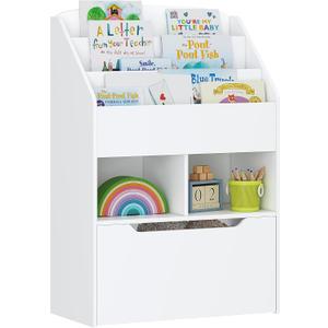 UTEX Bookshelf for Kids, Wooden Book Display, Kids Bookshelf and Toy Storage, Children Book Rack Bookcase Toybox Combo for Bedroom & Nursery, White
