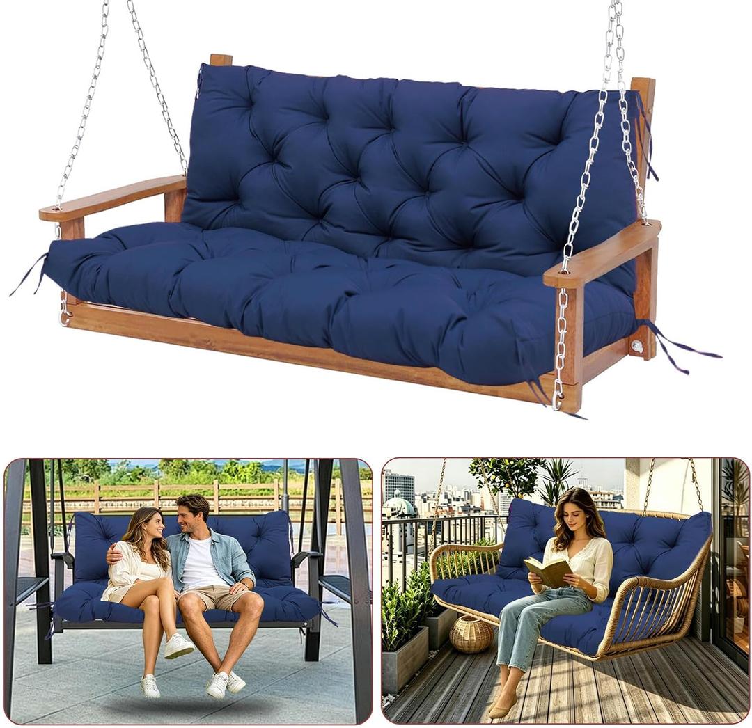 Durable Extra 5" Thick Waterproof Outdoor Porch Swing Cushions 60-inch Swing Cushions 3 Seater Replacement Fade-Resistant with Backrest and 8 Ties, for Outdoor Patio Long Bench Furniture