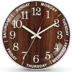 QINFIEY 12 Inch Day of Week Wall Clock, Non Ticking Modern Clocks Battery Operated，Analog Day Clock for Seniors Eldly，Classic for Office Home Classroom School Living Room,Unique Gift Clock(Brown)