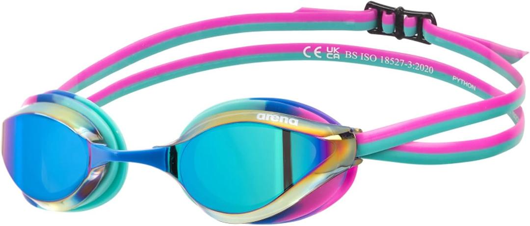 ARENA Unisex Python Racing Swim Goggles for Men and Women Anti-Fog No Leak Max Comfort Dual Strap, Mirror/Non-Mirror Lens (Turquoise-water-fuchsia)