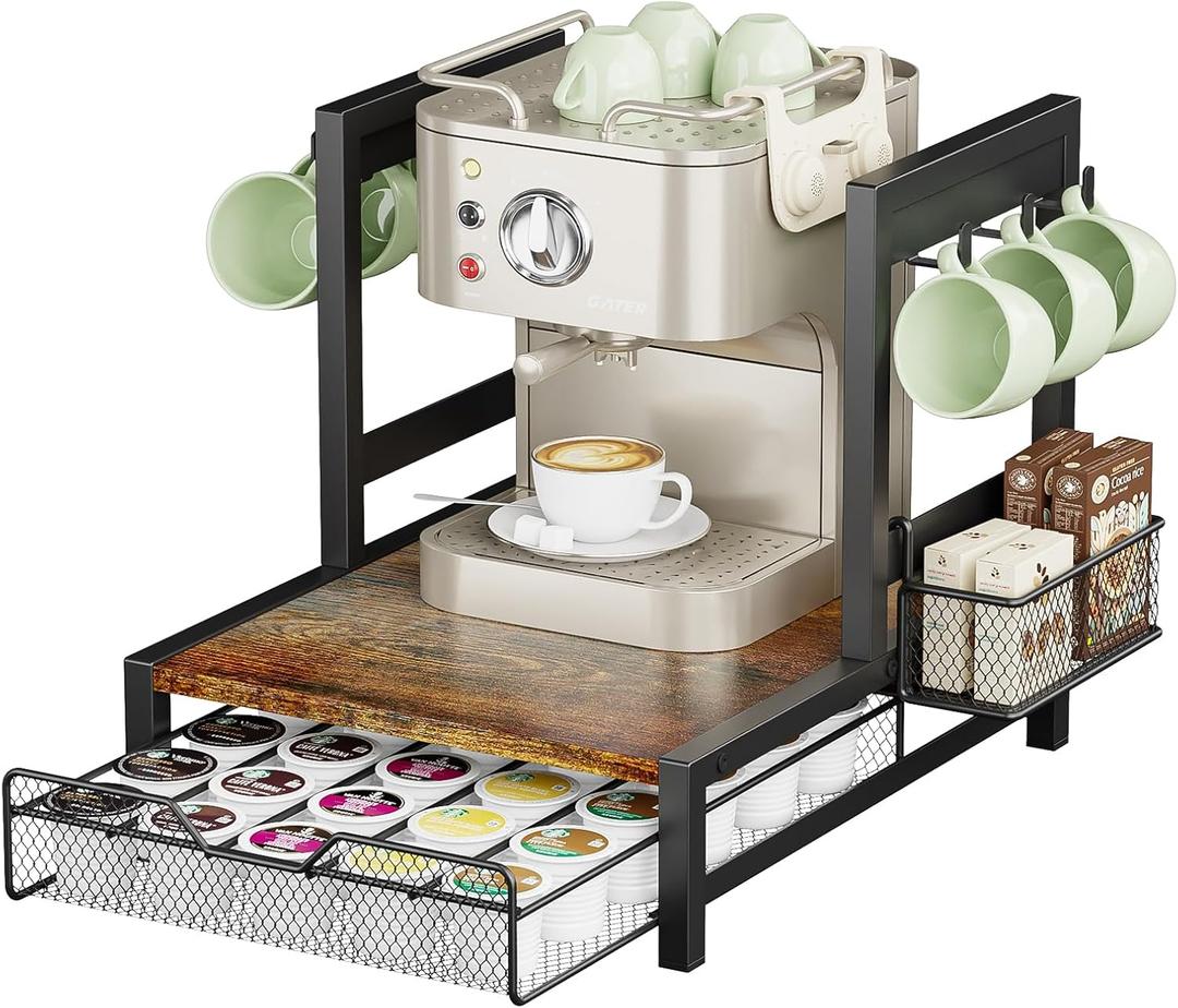 KLM K Cup Holder Drawer - Coffee Pod Organizer for Counter, Sturdy k cups Storage Drawer with Mug Rack, Coffee Maker Stand, 35 Capacity Pods, Home Kitchen Counter Organizer