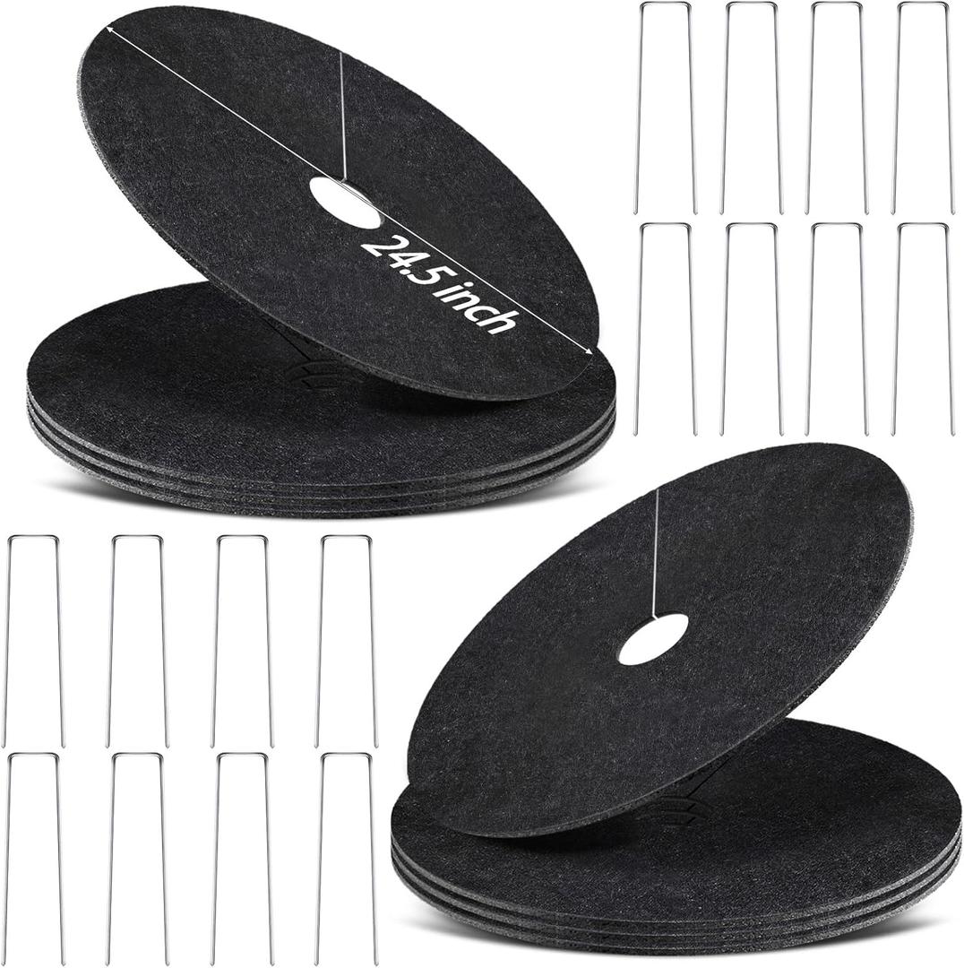 8 Pack Non-Woven Tree Mulch Ring, 24.5 Inch Degradabl Tree Protection Mat, Weed Barrier Round Mats with 16 Staples Stakes for Weed Growth RootProtection Resistant and Reusable