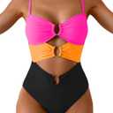 Eomenie Womens Cutout One Piece Swimsuit with Ring Linked Sexy Monokini Bathing Suit for Beach Vacation (Large, Hot Pink Orange Black)