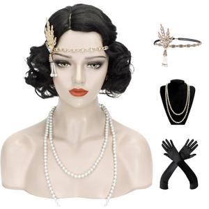 1920s Finger Wave Wig Women Black 30s Vintage Flapper Wig Lady Rockabilly Short Curly Wig Halloween Party Cosplay Costume Synthetic Hair + Cap