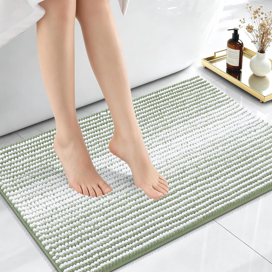 OLANLY Small Bathroom Rugs 24x16, Extra Soft Absorbent Chenille Striped Bath Rugs, Rubber Backing, Machine Wash Dry, Bath Mats for Bathroom Floor, Tub and Shower, Home Decor Accessories, Sage Green