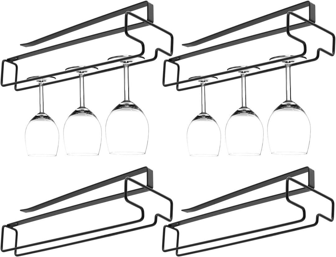 4PCS Wine Glass Holder, Stemware Rack Hanger Under Cabinet, Hanging Glass Storage Rack Organizer for Kitchen Bar, Black