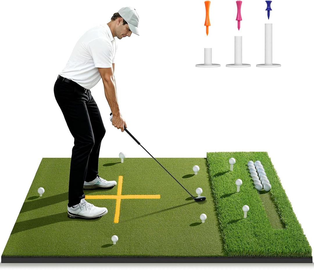 5.2x4FT 21-45mm Dual-Turf Golf Mat with Ball Tray, Thickened Golf Hitting Mat with 9 Hitting Holes, Alignment Aid, 10mm Thick Practice Mat for Indoor Outdoor Swing Training, Gifts for Men/Dad/Him