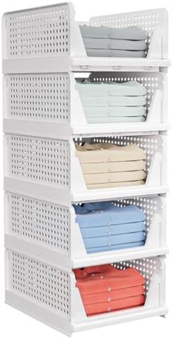 5 Pack Stackable Closet Storage Basket - Stackable Storage Bins, Multifunctional & Foldable Closet Organizer Waterproof, Wardrobe Cupboard Space-Saving Hat Storage Drawer Organizer, White